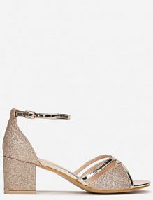 Złote Brokatowe Sandały na Niskim Słupku z Lakierowanymi Paskami Ilenia Renee