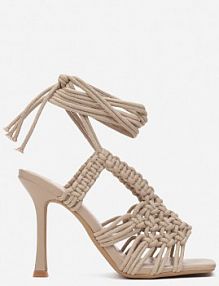 Ciemnobeżowe Sandały na Szpilce z Plecionką i Wiązaniem wokół Łydki Arieniela Renee