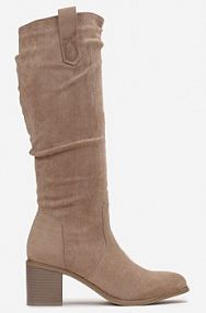 Beżowe Kozaki na Obcasie z Imitacji Zamszu Ozdobione Patkami Tulila vices