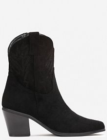 Czarne Botki Kowbojki z Haftem na Stożku Pomna Renee damskie