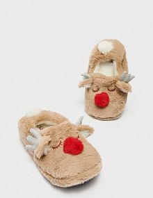 Ciepłe kapcie z motywem renifera House kremowe damskie 6492X-01X