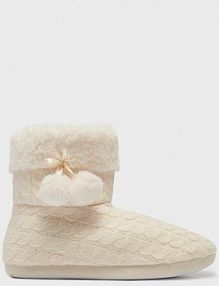 Wysokie kapcie z pomponami kremowe House damskie 6484X-01X