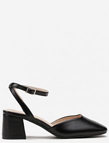 Czarne Sandały na Niskim Słupku z Kwadratowym Noskiem z Zapięciem na Sprzączkę Rigidia Renee