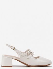 Białe Czółenka z Imitacji Skóry ze Sprzączkami na Niskim Słupku Anelive Renee