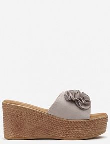 Szare Klapki na Platformie z Koturnem i Szerokim Paskiem z Kwiatami Sirecia Renee damskie