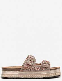 Szampańskie Klapki na Niskiej Platformie z Kamyczkami i Cyrkoniami oraz Sprzączkami Effonata Renee damskie