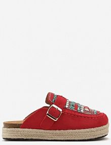 Czerwone Klapki Oplecione Jutą z Cyrkoniami z Koralikami i Paskiem Opaque Renee damskie