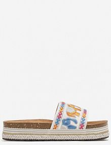 Białe Klapki na Podeszwie w Paski z Haftowanym Motywem Słoni Istgare Renee damskie