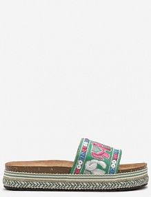 Zielone Klapki na Podeszwie w Paski z Haftowanym Motywem Słoni Istgare Renee damskie