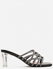 Czarne Eleganckie Klapki na Transparentnym Słupku Ozdobione Cyrkoniami Gasaria Renee damskie