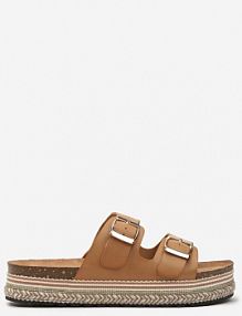 Ciemnobeżowe Klapki na Grubej Podeszwie w Paski z Regulowanymi Klamrami Ragissa Renee damskie