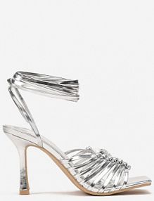 Srebrne Sandały na Szpilce Wiązane wokół Łydki z Plecionymi Paskami Nezana Renee
