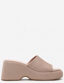 Beżowe Jednolite Klapki z Szerokim Paskiem na Koturnie z Platformą Kaldira Renee damskie