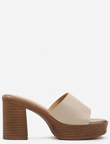 Beżowe Klapki na Słupku z Platformą Ozdobione Drewnianą Wstawką Mariste Renee damskie