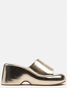 Złote Jednolite Klapki z Szerokim Paskiem na Koturnie z Platformą Kaldira Renee damskie