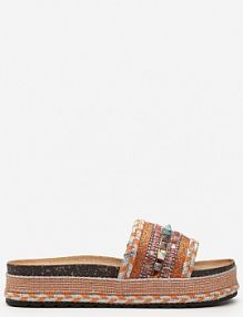 Pomarańczowe Klapki Boho na Platformie z Plecionką i Szerokim Paskiem z Koralikami Gitasta Renee damskie