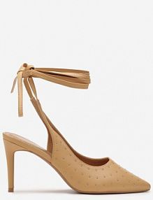 Jasnobrązowe Sandały na Szpilce z Wiązanymi Rzemykami i Cyrkoniami Jenglla Renee