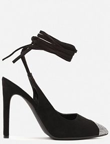 Czarne Sandały z Noskiem Ozdobionym Cyrkoniami i Wiązaniem wokół Łydki na Szpilce Hlienoma Renee