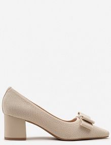 Beżowe Czółenka na Niskim Słupku z Ozdobną Kokardką i Wyściółką z Ekoskóry Risala Renee