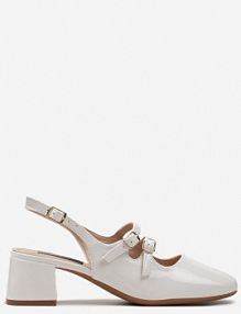 Białe Czółenka na Niskim Słupku ze Sprzączkami i Noskiem w Kwadrat Seraphela Renee