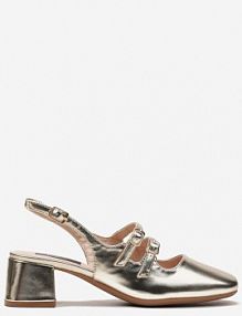 Złote Czółenka na Niskim Słupku ze Sprzączkami i Noskiem w Kwadrat Seraphela Renee