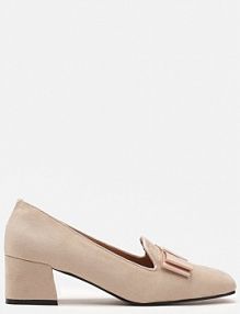 Beżowe Wsuwane Czółenka z Wkładką z Imitacji Skóry na Niskim Słupku Ozdobione Kokardą Triapaula Renee