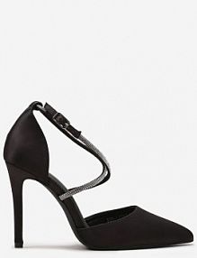 Czarne Satynowe Szpilki Ozdobione Cyrkoniami na Cienkich Paskach Wynstelle Renee