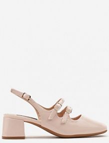 Beżowe Czółenka na Niskim Słupku ze Sprzączkami i Noskiem w Kwadrat Seraphela Renee