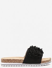 Czarne Klapki z Ekozamszu z Kwiatowym Zdobieniem Masenella Renee damskie