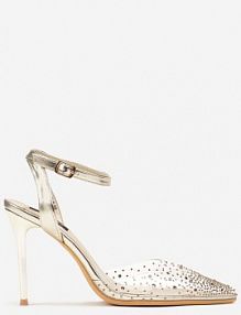 Złote Metaliczne Szpilki z Transparentną Cholewką i Cyrkoniami Mitanea Renee