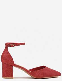 Czerwone Brokatowe Czółenka na Niskim Słupku ze Szpiczastym Noskiem Halena Renee