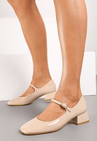 Beżowe Czółenka o Lakierowanym Połysku na Niskim Obcasie z Paskiem i Klamerką Karzina Renee