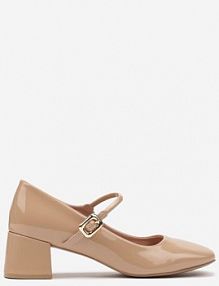 Beżowe Czółenka z Lakierowanym Połyskiem na Niskim Obcasie z Paskiem z Klamerką Serittia Renee