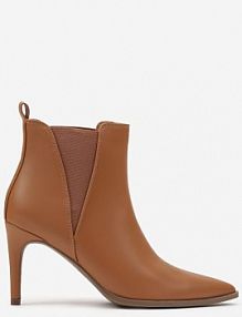 Brązowe Eleganckie Botki na Obcasie ze Szpiczastym Noskiem i Elastycznymi Wstawkami Domenia vices