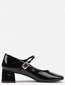 Czarne Czółenka z Lakierowanym Połyskiem na Niskim Obcasie z Paskiem z Klamerką Serittia Renee