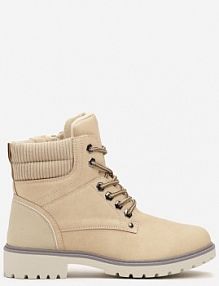 Beżowe Sznurowane Casualowe Traperki na Płaskiej Podeszwie Relobia vices damskie