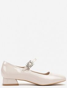Białe Czółenka na Niskim Obcasie z Lakierowanym Wykończeniem Zdobione Cyrkoniową Klamrą Lobirae Renee