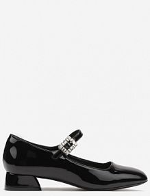 Czarne Czółenka na Niskim Obcasie z Lakierowanym Wykończeniem Zdobione Cyrkoniową Klamrą Lobirae Renee