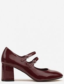 Bordowe Czółenka Lakierowane na Słupku Ozdobione Paskami i kwadratowym Noskiem Jalabine Renee