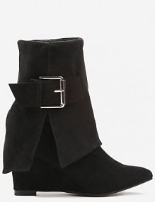 Czarne Botki na Koturnie z Cholewką Imitującą Nogawkę z Paskiem i Klamrą Miarielle Renee