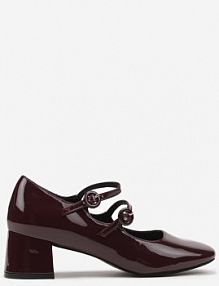Bordowe Lakierowane Czółenka na Obcasie Typu Słupek z Paseczkami i Klamerkami Cresona Renee