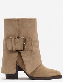 Ciemnobeżowe Botki Kowbojki na Słupku Ozdobione Wywiniętą Cholewką Ansinae Renee damskie