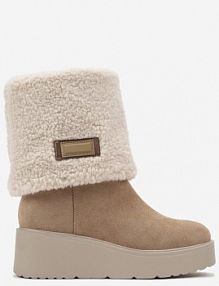 Beżowe Botki na Koturnie Ozdobione Barankiem i Wywiniętą Cholewką Irissinae Renee