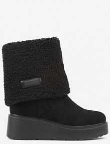 Czarne Botki na Koturnie Ozdobione Barankiem i Wywiniętą Cholewką Irissinae Renee