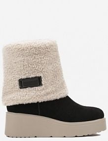 Czarne Botki na Koturnie Ozdobione Futerkiem w Stylu Baranka Asdora Renee