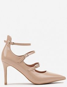 Beżowe Szpilki Lakierowane Ozdobione Paskami ze Sprzączkami Armiela Renee