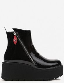 Czarne Lakierowane Botki na Koturnie i Platformie Wykończone Suwakiem Irilorae Renee