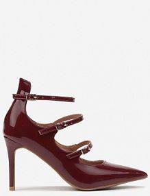 Bordowe Szpilki Lakierowane Ozdobione Paskami ze Sprzączkami Armiela Renee
