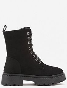 Czarne Botki Workery z Ekozamszu na Płaskiej Podeszwie Wykończone Cyrkoniami Lerissna vices damskie