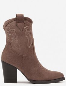 Ciemnobeżowe Botki Kowbojki na Słupku Ozdobione Przeszyciami Veriianne Renee damskie